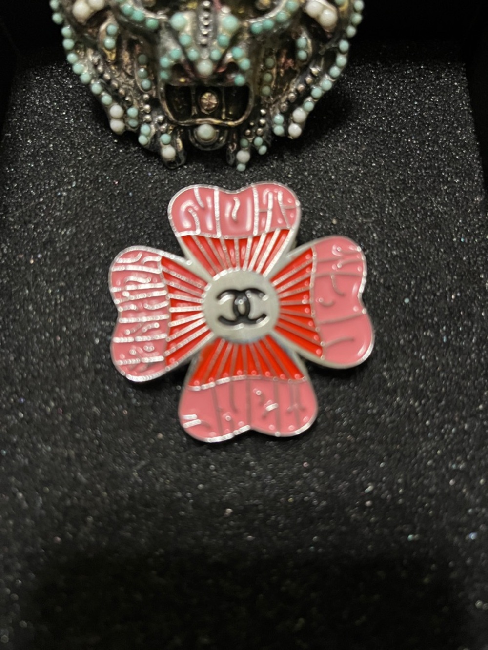 Chanel Pink & Red Flower Logo Brooch - Picture 3 of 3
